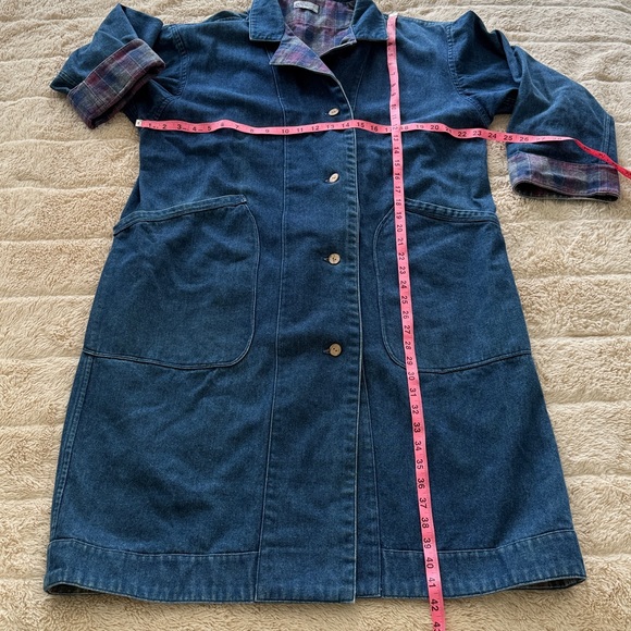 Vintage 80’s Denim Long Duster Blue Pink Plaid Lined Long Coat Sz L Jean Heavy - Picture 4 of 17